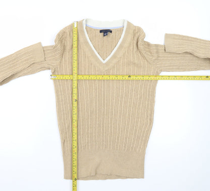 Tommy Hilfiger Womens Beige V-Neck Cable-Knit Jumper Size M
