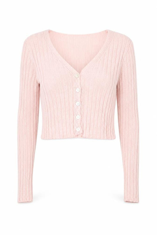 PRETTYLITTLETHING Women Pink Ribbed V-Neck Button Cardigan Size M