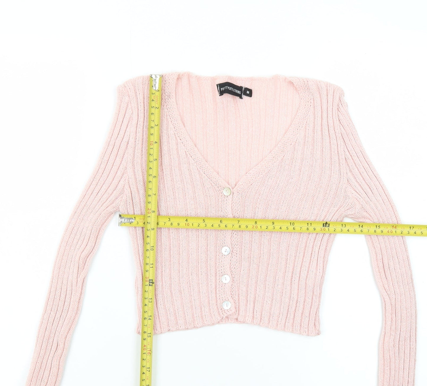 PrettyLittleThing Women Pink Ribbed V-Neck Button Cardigan Size M