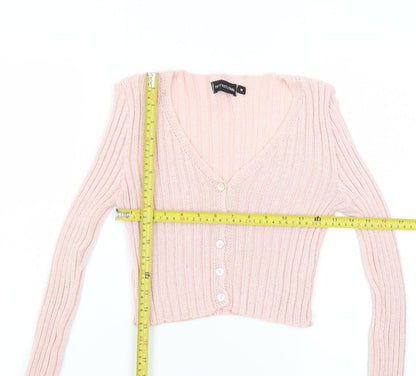 PrettyLittleThing Women Pink Ribbed V-Neck Button Cardigan Size M