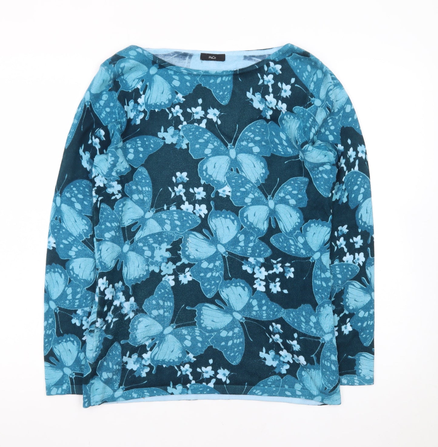 M&Co Women’s Blue Butterfly Print Viscose Pullover Jumper Size 12