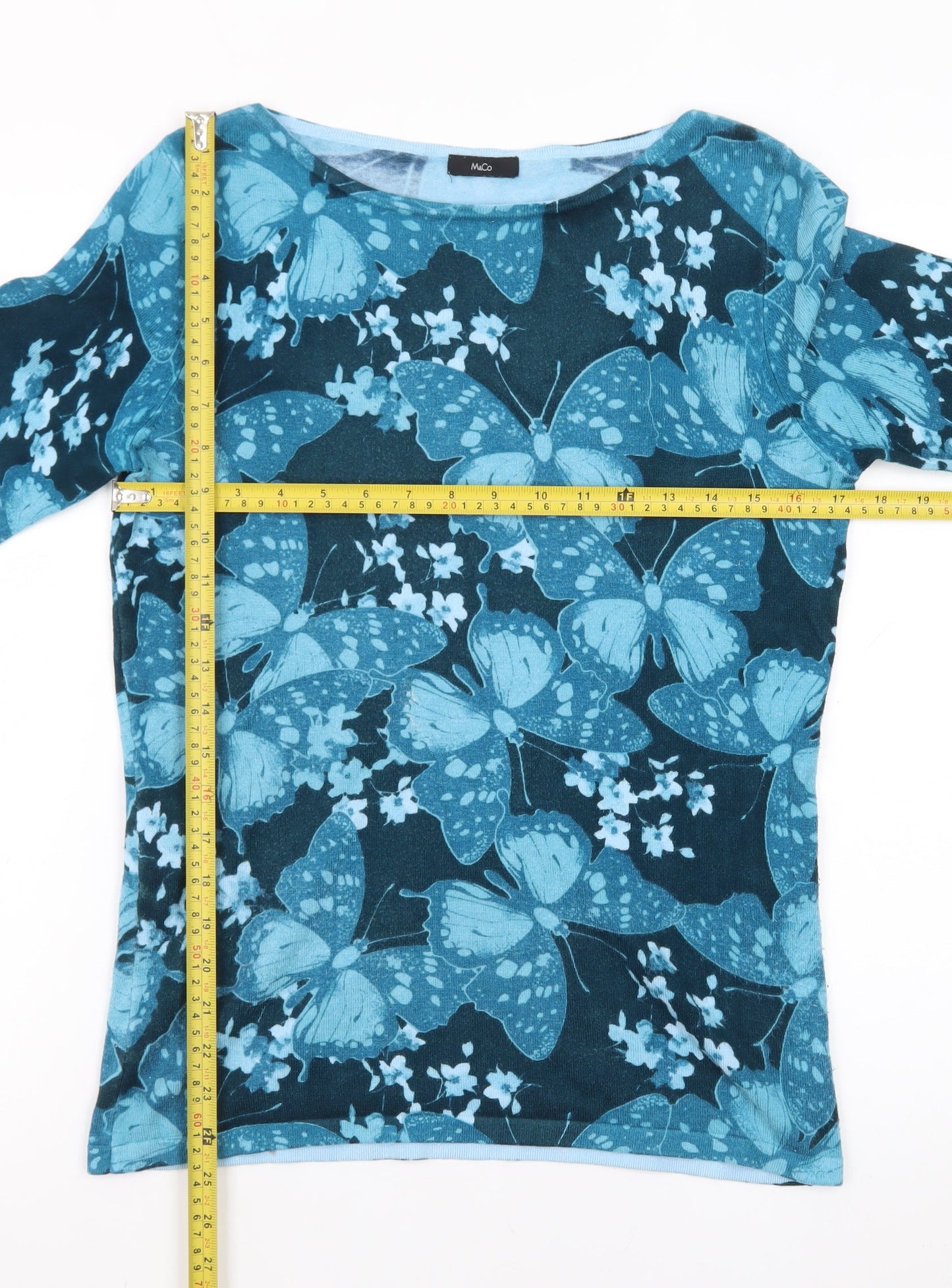 M&Co Women’s Blue Butterfly Print Viscose Pullover Jumper Size 12
