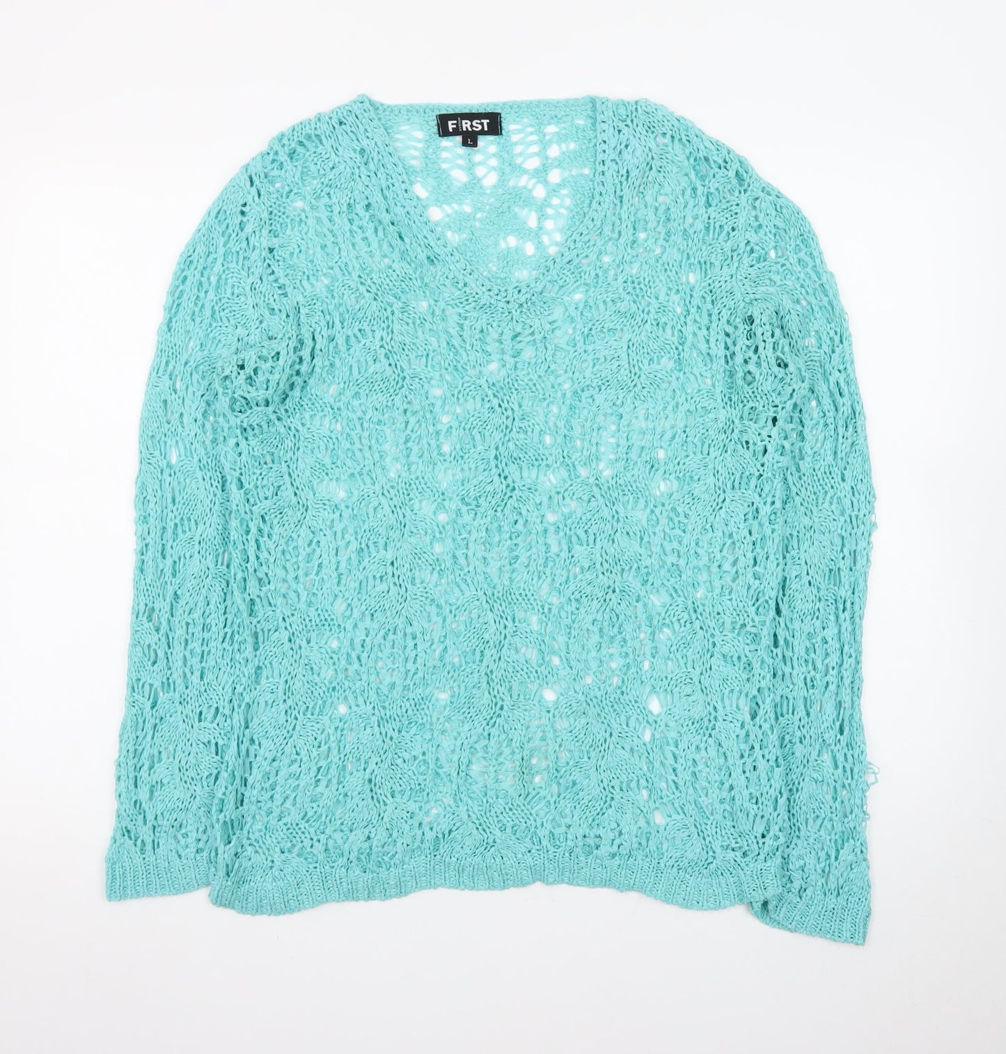 First Avenue Womens Blue L Open Knit Pullover Jumper