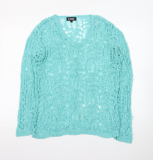 First Avenue Womens Blue L Open Knit Pullover Jumper