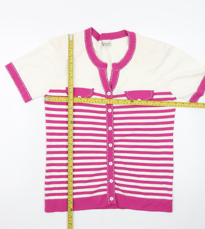 Roman Originals Women's Pink White Striped Short Sleeve Cardigan Size 14