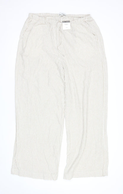 Marks and Spencer Womens Beige Striped Cropped Linen Cotton Wide Leg Trousers Size 16