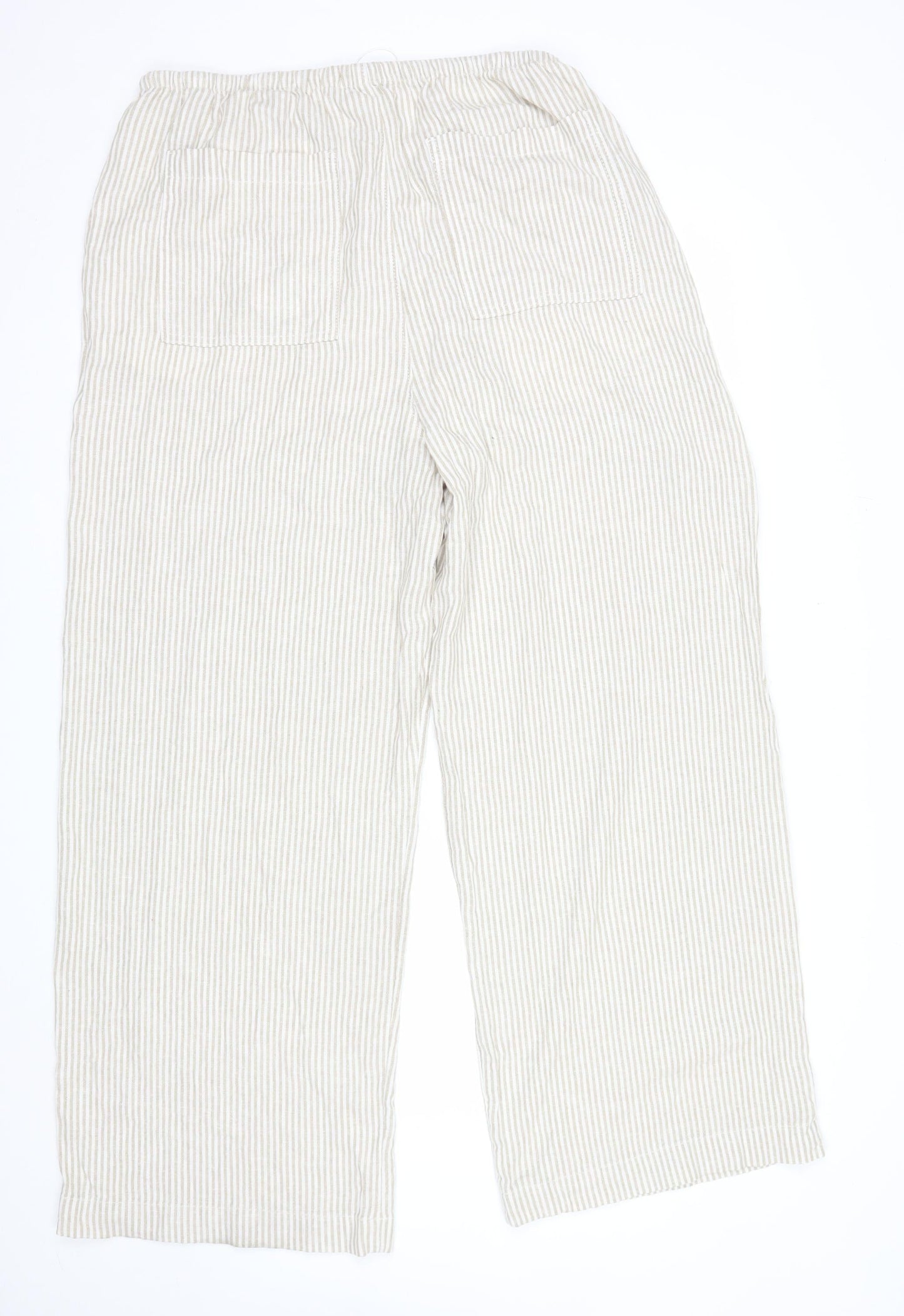 Marks and Spencer Womens Beige Striped Cropped Linen Cotton Wide Leg Trousers Size 16