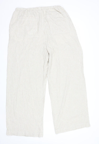 Marks and Spencer Womens Beige Striped Cropped Linen Cotton Wide Leg Trousers Size 16