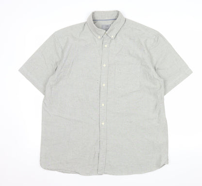 Marks and Spencer Men's Grey Short Sleeve Button-Up Oxford Shirt L