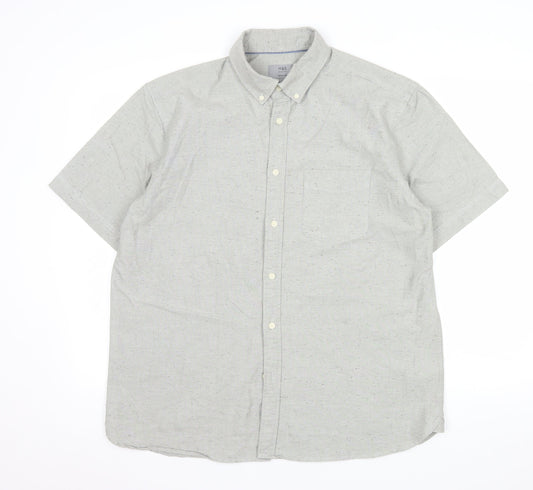 Marks and Spencer Men's Grey Short Sleeve Button-Up Oxford Shirt L