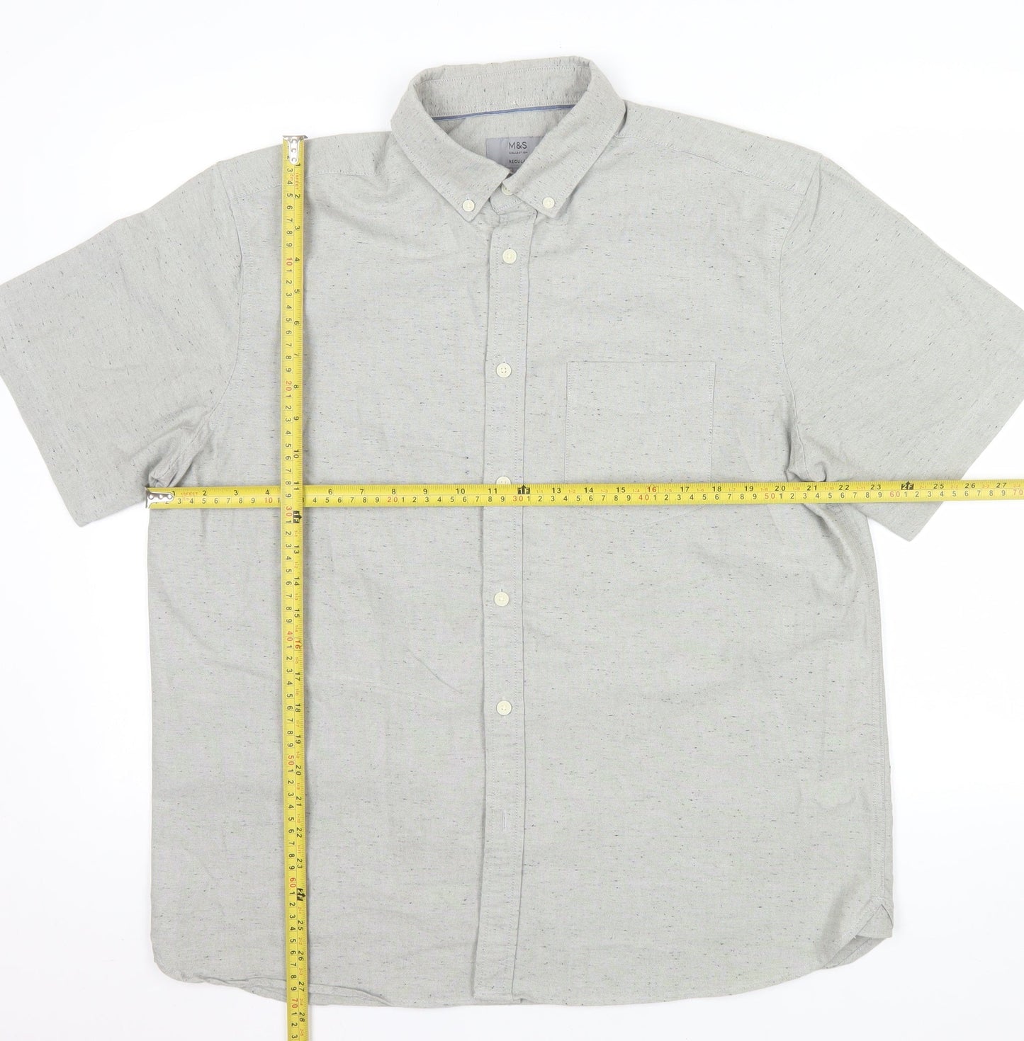 Marks and Spencer Men's Grey Short Sleeve Button-Up Oxford Shirt L