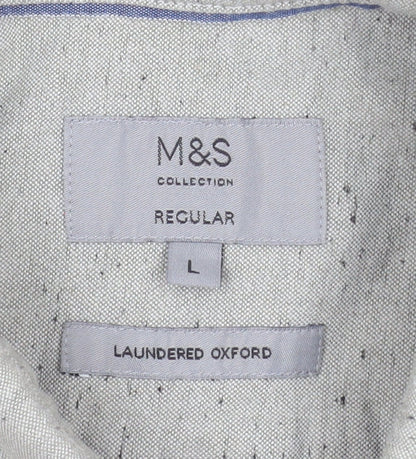 Marks and Spencer Men's Grey Short Sleeve Button-Up Oxford Shirt L