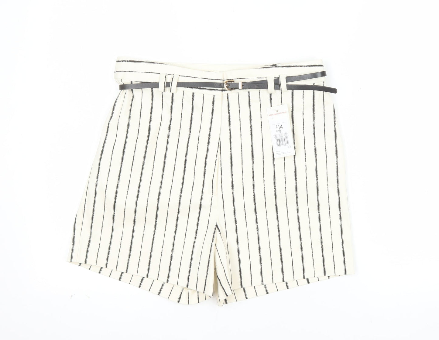 F&F Women's White Striped Chino Shorts Belted UK 10