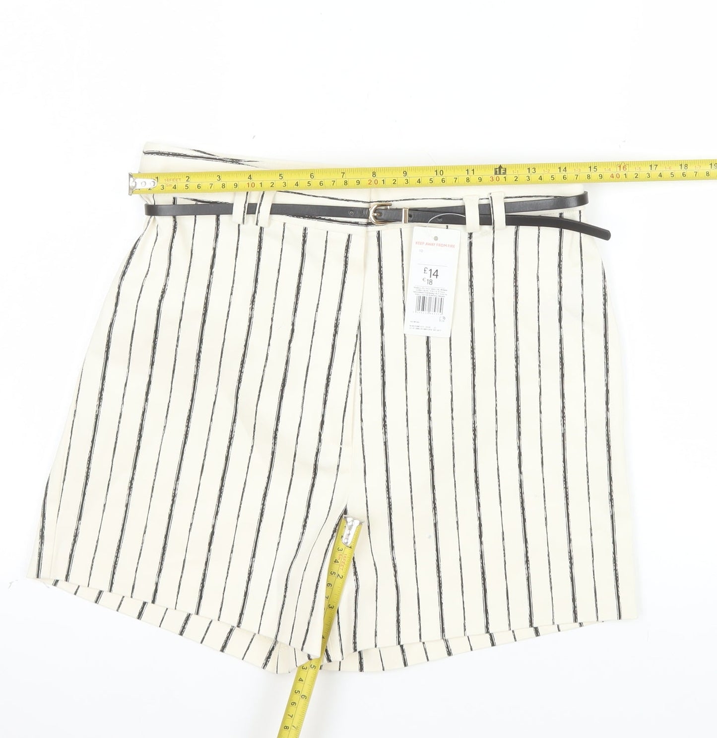 F&F Women's White Striped Chino Shorts Belted UK 10