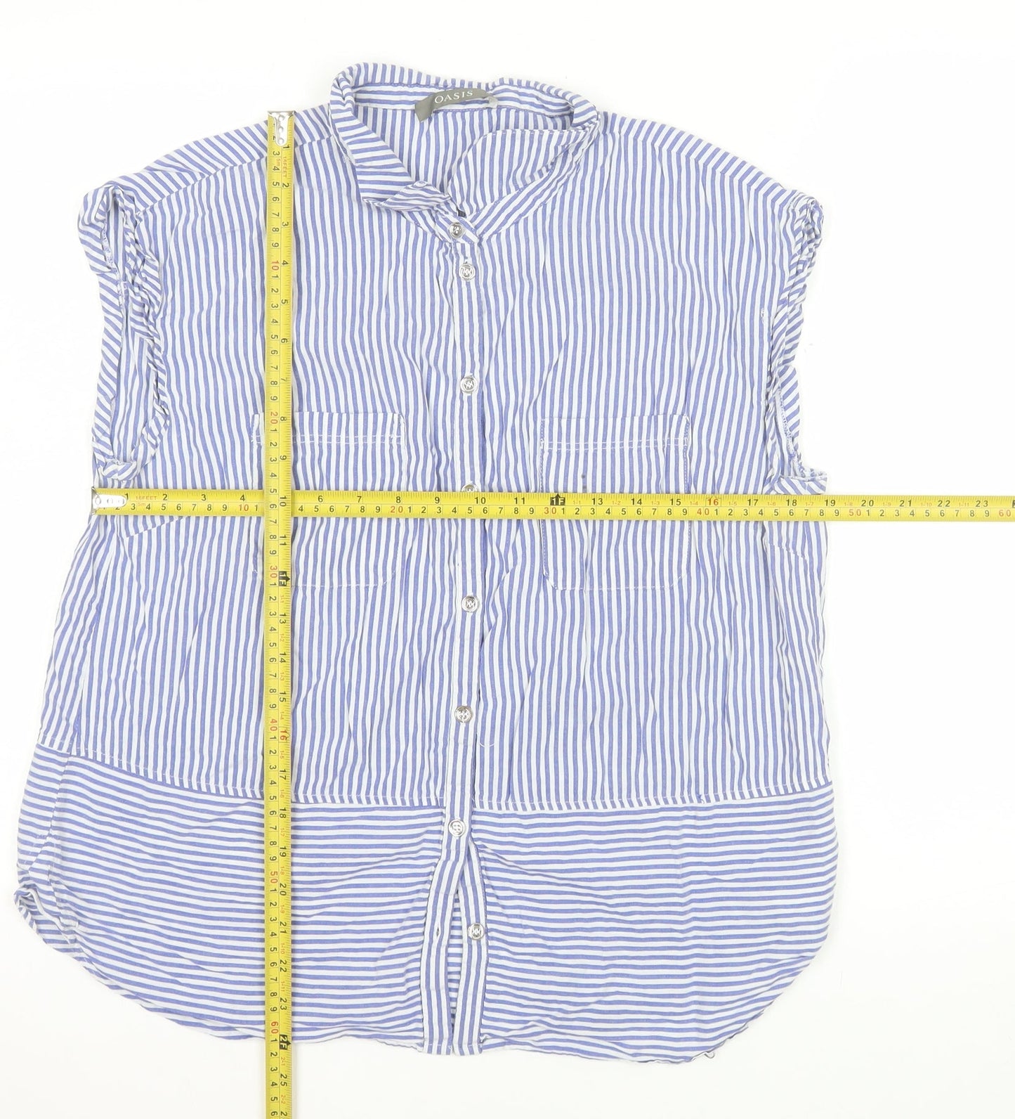 Oasis Women Blue Striped Cotton Sleeveless Button-Up Shirt Size 18