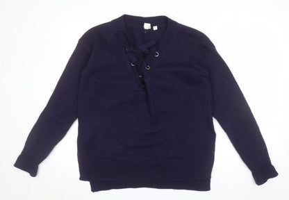 GAP Women's Blue Lace-Up V-Neck Knit Jumper Size M