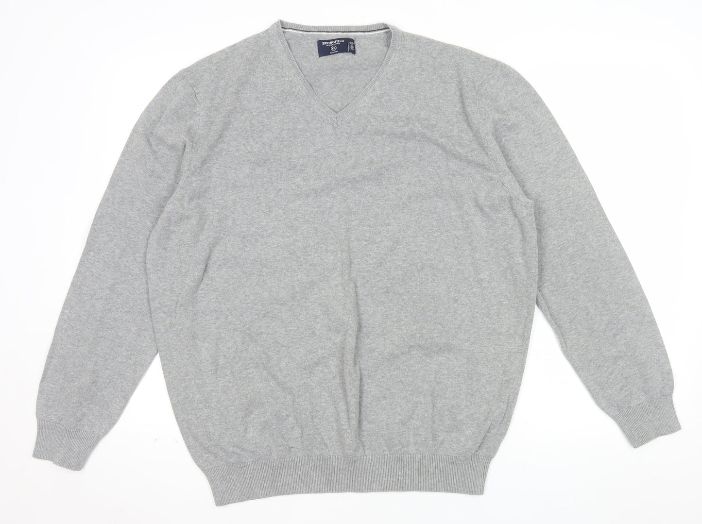 Springfield Men’s Grey Cotton V-Neck Jumper 2XL Regular Fit