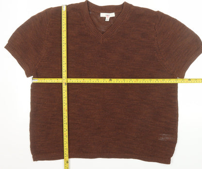Marks and Spencer Men's Brown Cotton Blend V-Neck Short Sleeve Jumper L