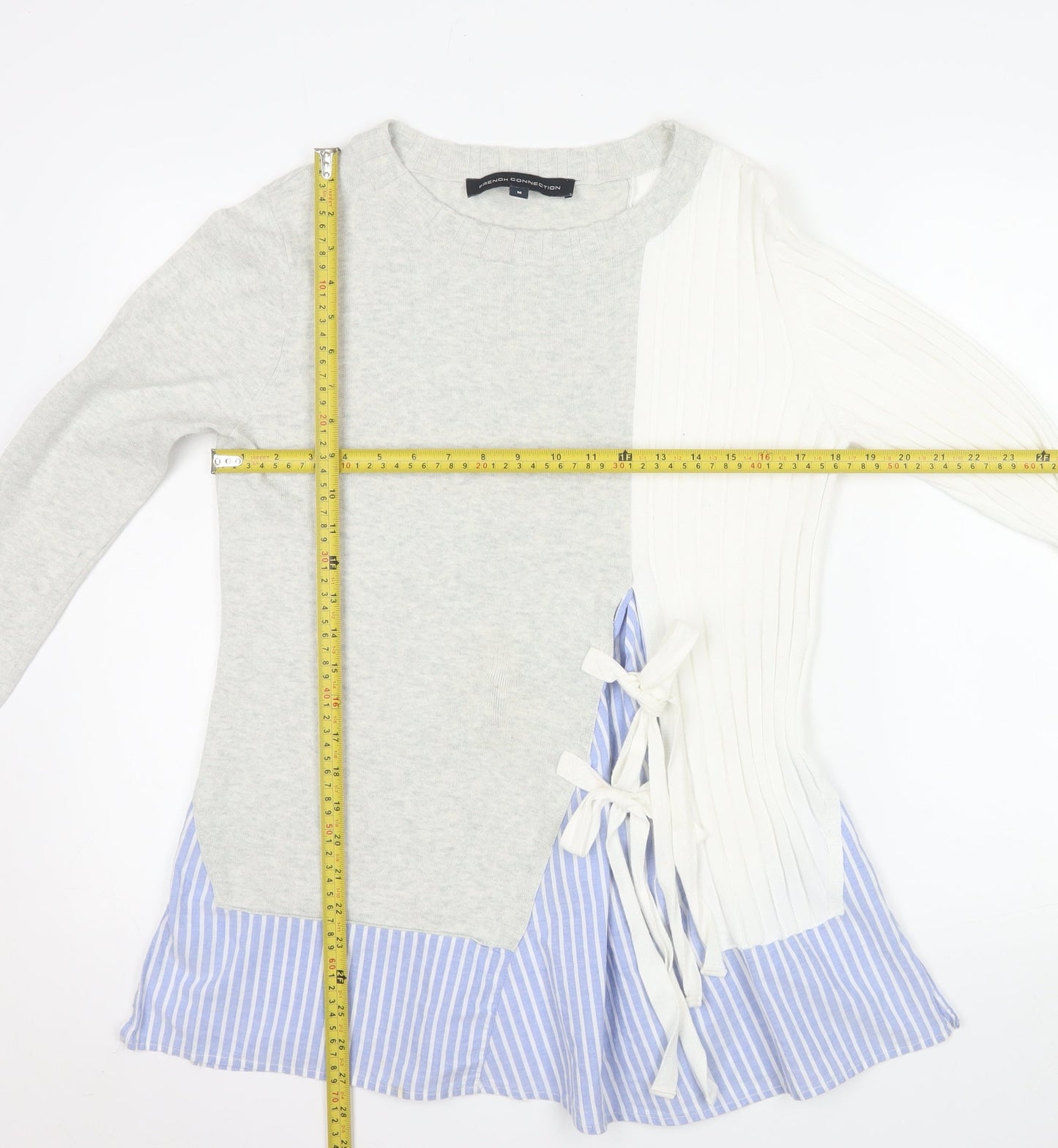 French Connection Womens Grey White Cotton Jumper M Bow Detail