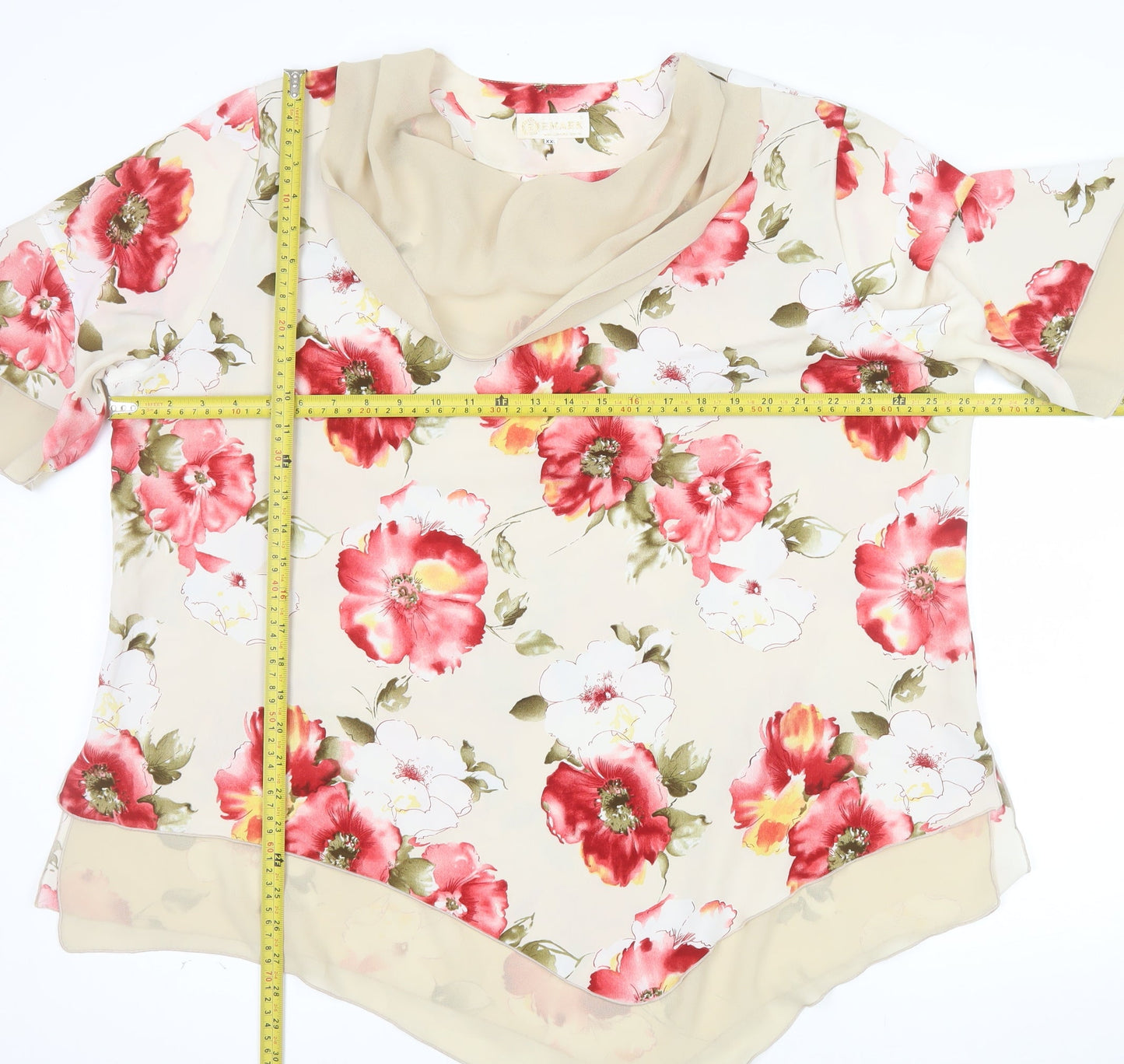 Bemark Womens Beige Floral Chiffon Tunic Blouse 2XL Short Sleeve