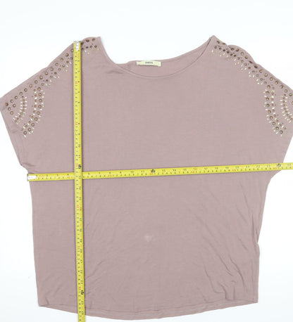 Oasis Women Brown Studded Short Sleeve Viscose T-Shirt L