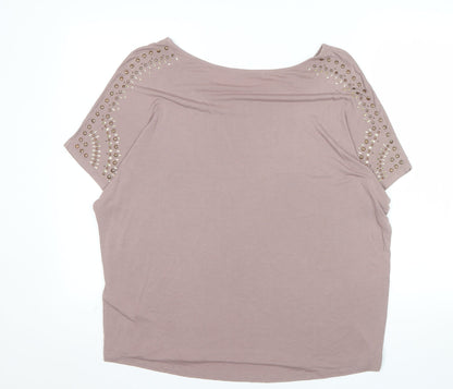 Oasis Women Brown Studded Short Sleeve Viscose T-Shirt L