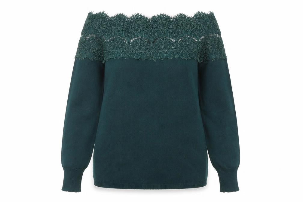 Apricot Women's Green Lace Off Shoulder Long Sleeve Tunic Blouse UK 10