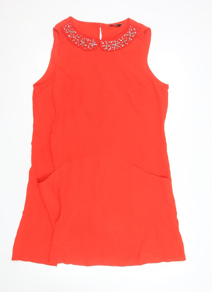 F&F Women Red Beaded Collar Sleeveless Shift Dress Size 18