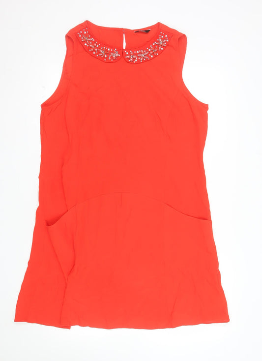 F&F Women Red Beaded Collar Sleeveless Shift Dress Size 18