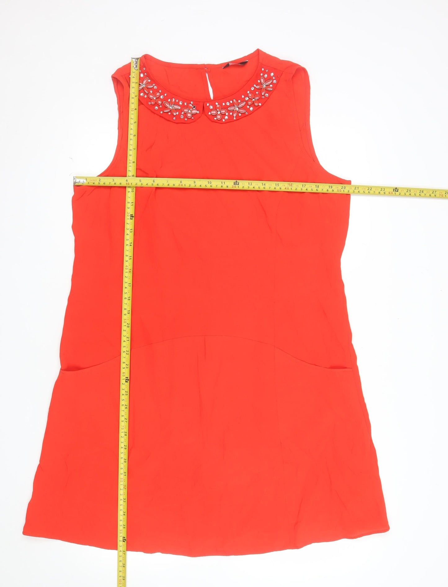 F&F Women Red Beaded Collar Sleeveless Shift Dress Size 18