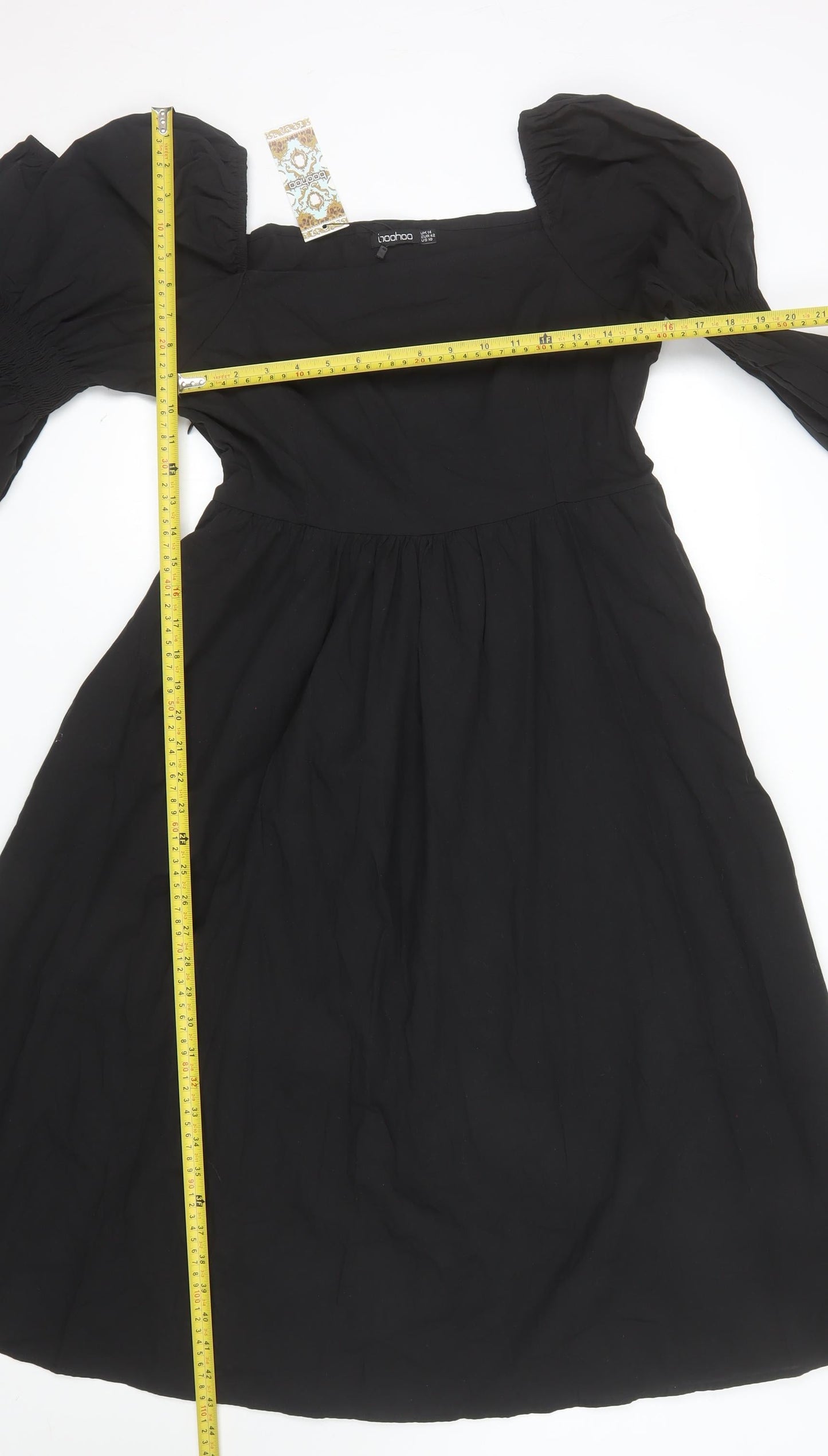 Boohoo Women Black Size 14 Cotton A-Line Puff Sleeve Dress