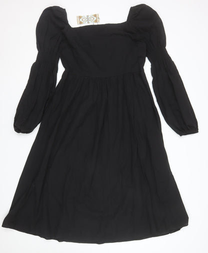 Boohoo Women Black Size 14 Cotton A-Line Puff Sleeve Dress