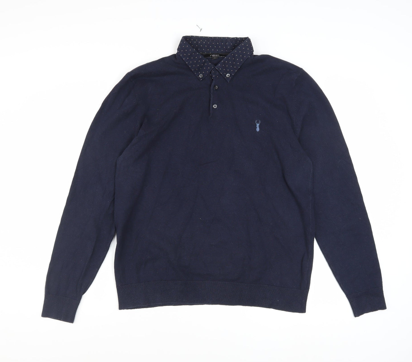 Next Men's Blue Collared Cotton Blend Pullover Jumper Size L