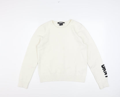 DKNY Women's Ivory Pullover Knit Jumper M Crew Neck Logo Sleeve