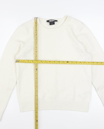 DKNY Women's Ivory Pullover Knit Jumper M Crew Neck Logo Sleeve