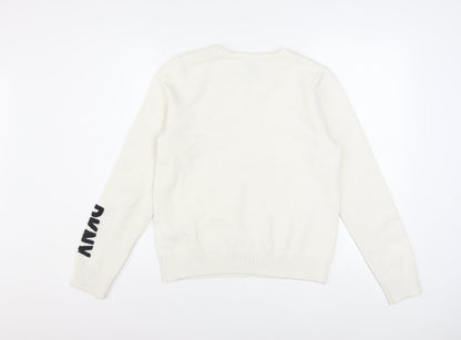 DKNY Women's Ivory Pullover Knit Jumper M Crew Neck Logo Sleeve