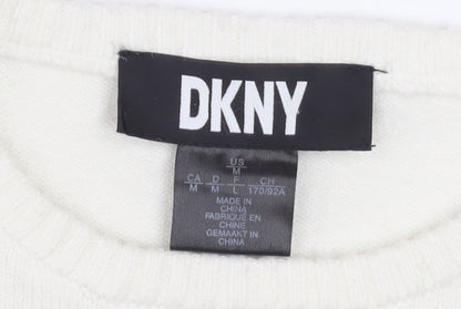 DKNY Women's Ivory Pullover Knit Jumper M Crew Neck Logo Sleeve