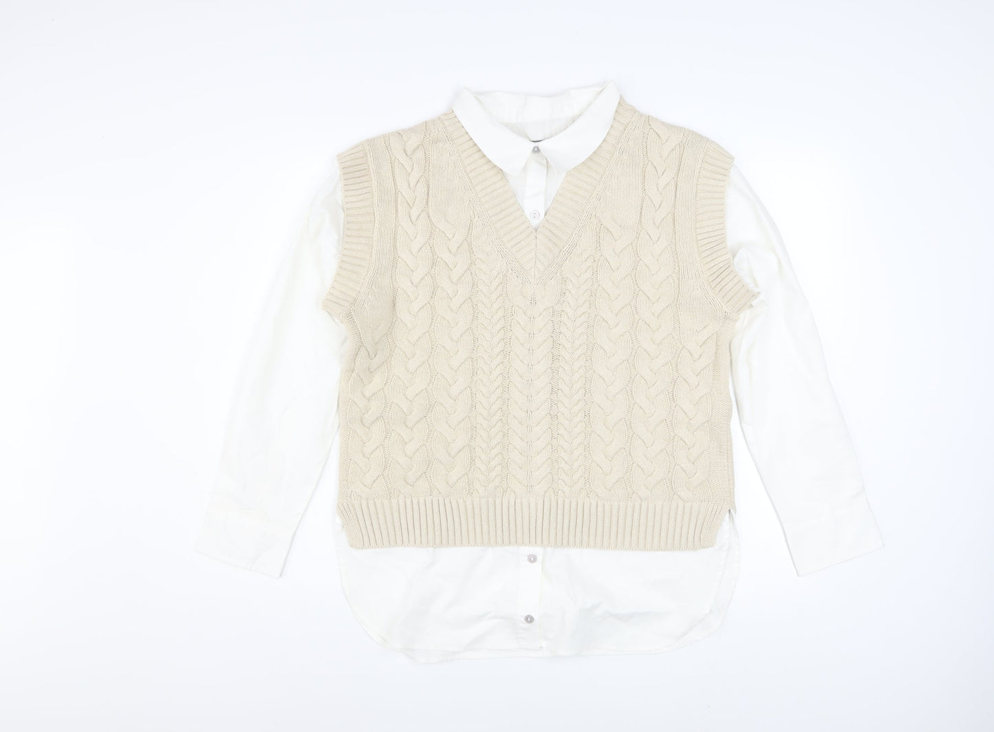 Nutmeg Women Beige Cable-Knit V-Neck Sleeveless Jumper Vest Size 10