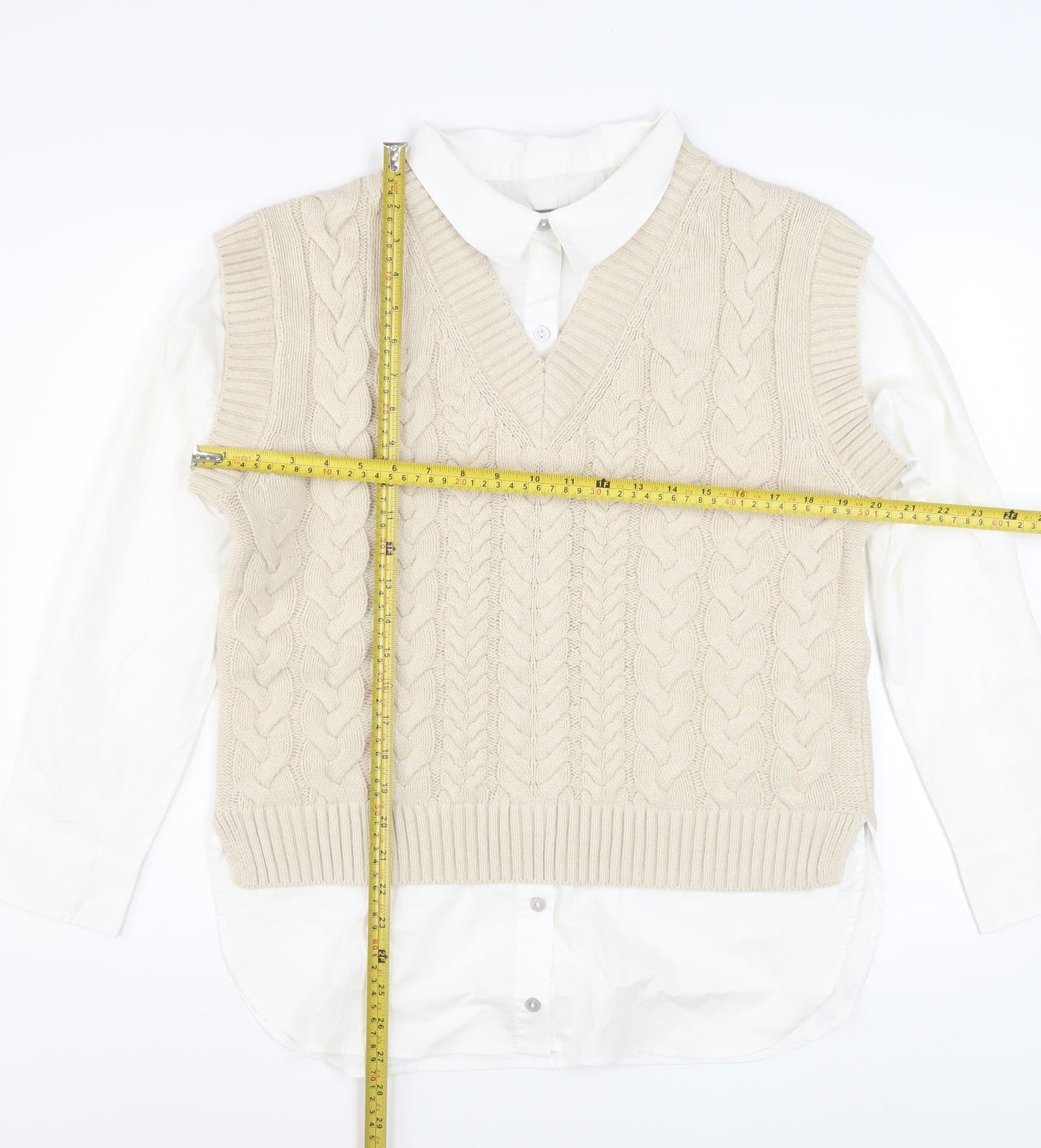 Nutmeg Women Beige Cable-Knit V-Neck Sleeveless Jumper Vest Size 10