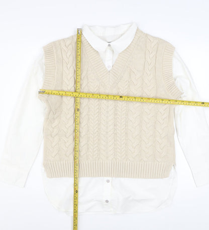 Nutmeg Women Beige Cable-Knit V-Neck Sleeveless Jumper Vest Size 10