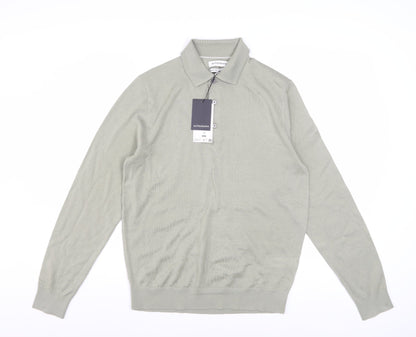 Marks and Spencer Men Light Olive Merino Wool Collared Pullover S