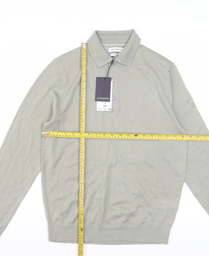 Marks and Spencer Men Light Olive Merino Wool Collared Pullover S