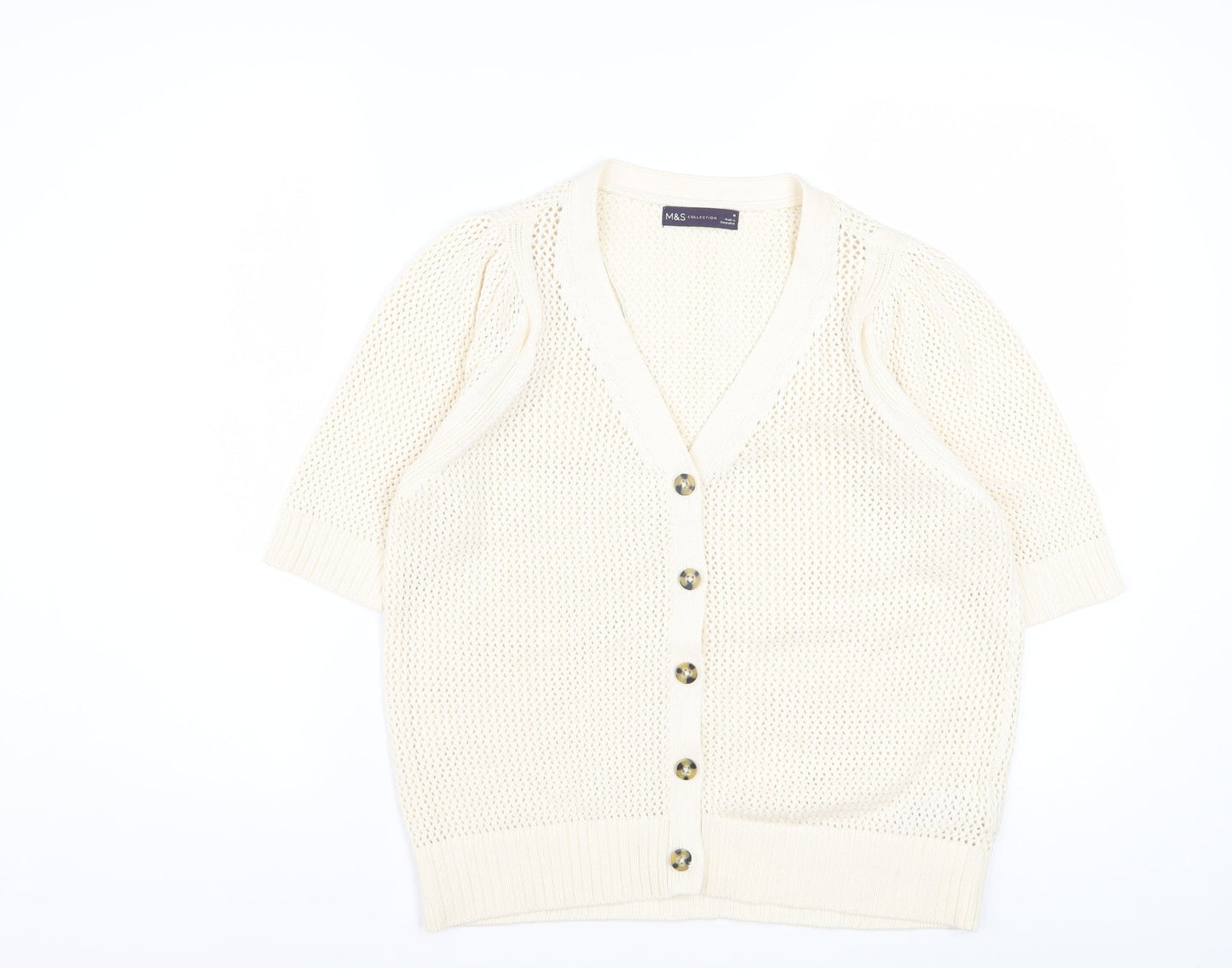 Marks and Spencer Women's Ivory Short Sleeve Open-Knit Cardigan M