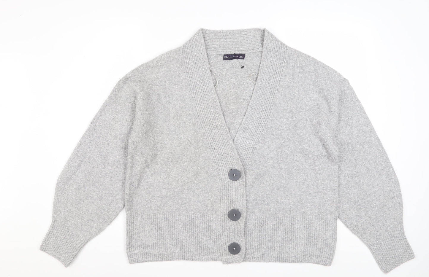 Marks and Spencer Women Grey L V-Neck Button Knit Cardigan