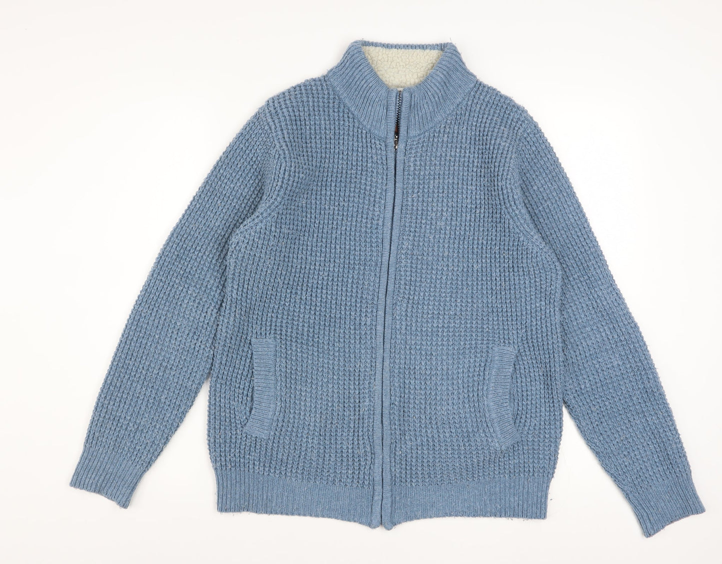 Cotton Traders Men's Blue Full Zip Chunky Knit Jumper Size S