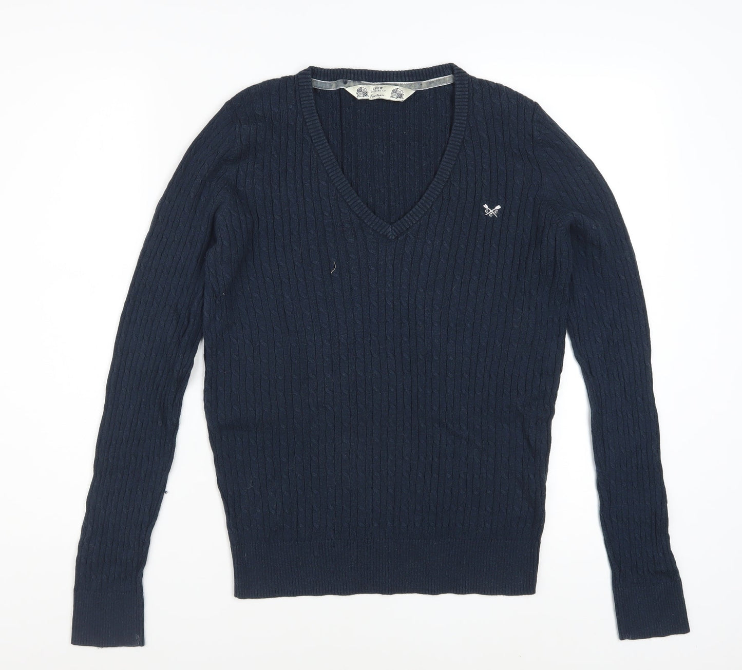 Crew Clothing Co. Women's Blue V-Neck Cable Knit Jumper Size 14