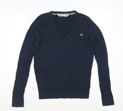 Crew Clothing Co. Women's Blue V-Neck Cable Knit Jumper Size 14