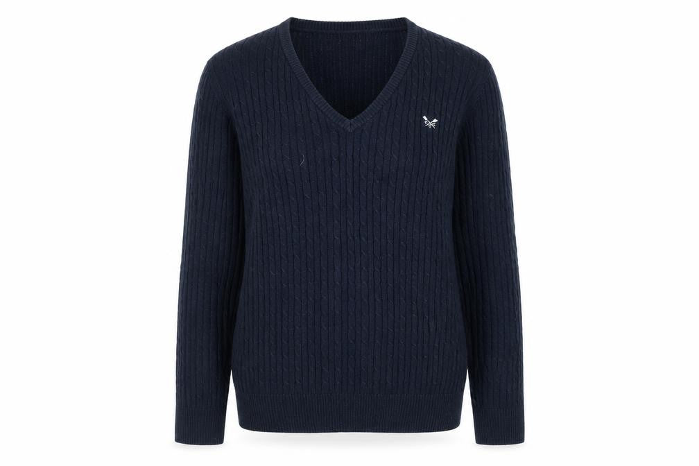 Crew Clothing Co. Women's Blue V-Neck Cable Knit Jumper Size 14