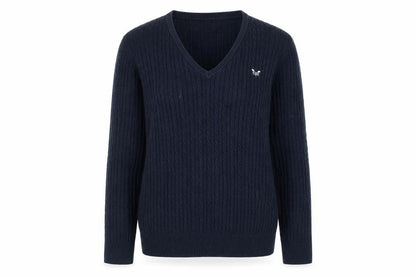 Crew Clothing Co. Women's Blue V-Neck Cable Knit Jumper Size 14