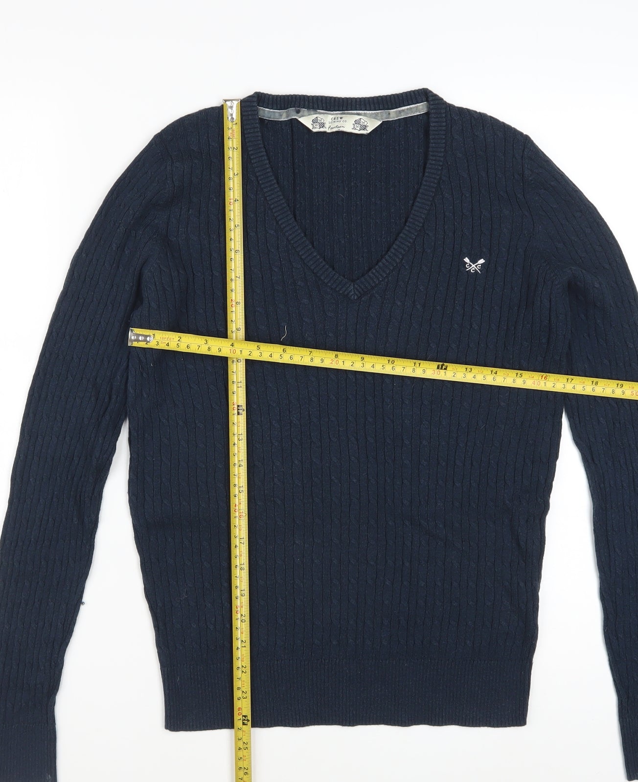 Crew Clothing Co. Women's Blue V-Neck Cable Knit Jumper Size 14